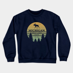 Michigan Great Lakes State Moose Trees Souvenir Distressed Crewneck Sweatshirt